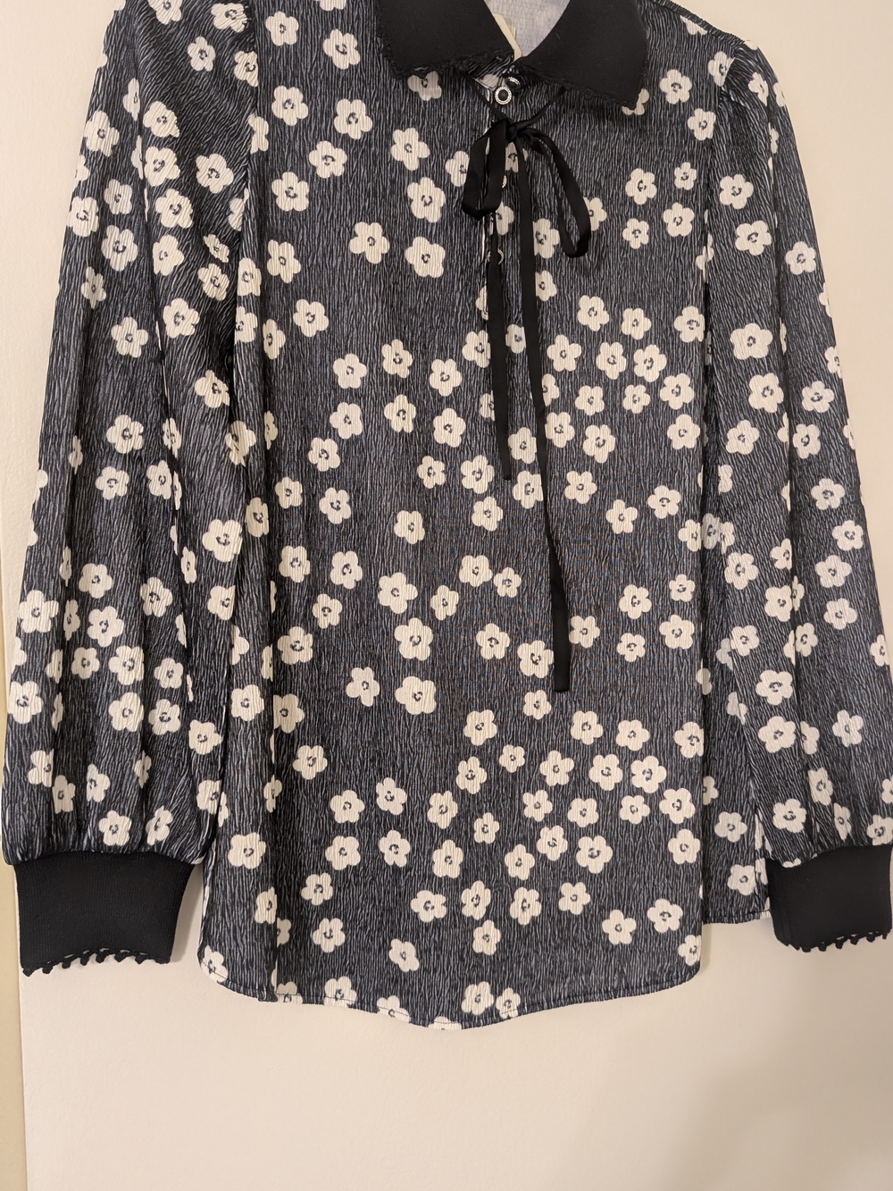 Black Floral Tie-Neck Blouse with White Flower Print